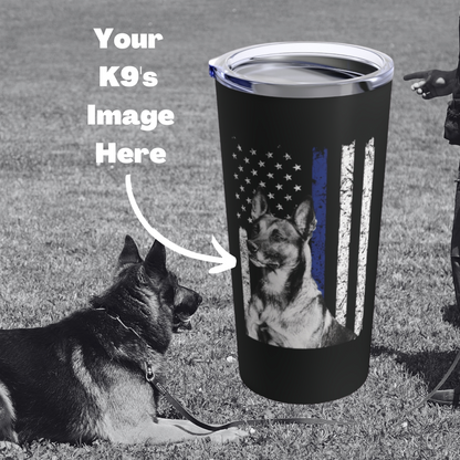 Personalized Police K9 Travel Mug, Custom Police K9 Mug, Upload Your Dog's Image, Thin Blue Line Flag Tumbler, Police K9 Gifts, Gift For Him