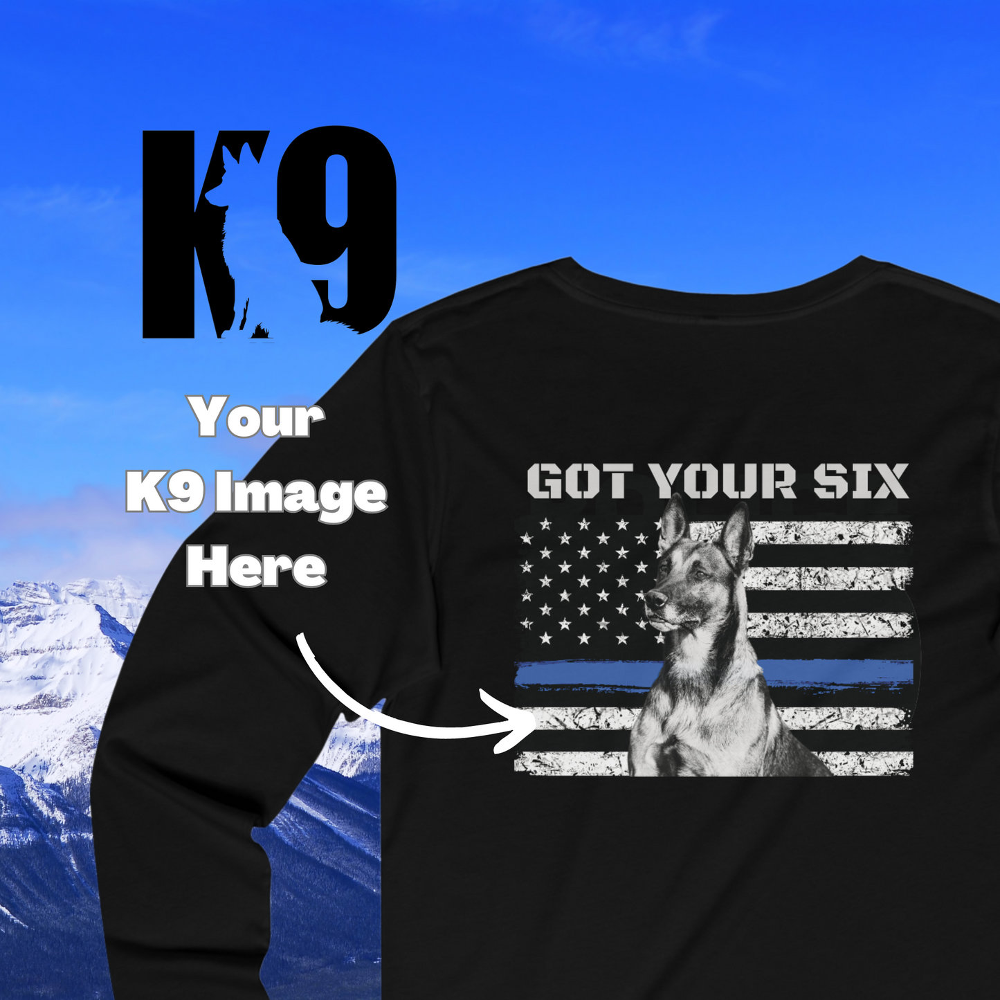 Personalized Police K9 Shirt, Custom Long Sleeve K9 Shirts - Your Dog's Image - Thin Blue Line Flag