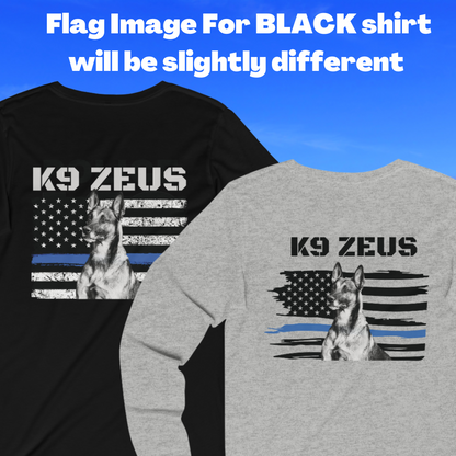 Personalized Police K9 Shirt, Custom Long Sleeve K9 Shirts - Your Dog's Image - Thin Blue Line Flag