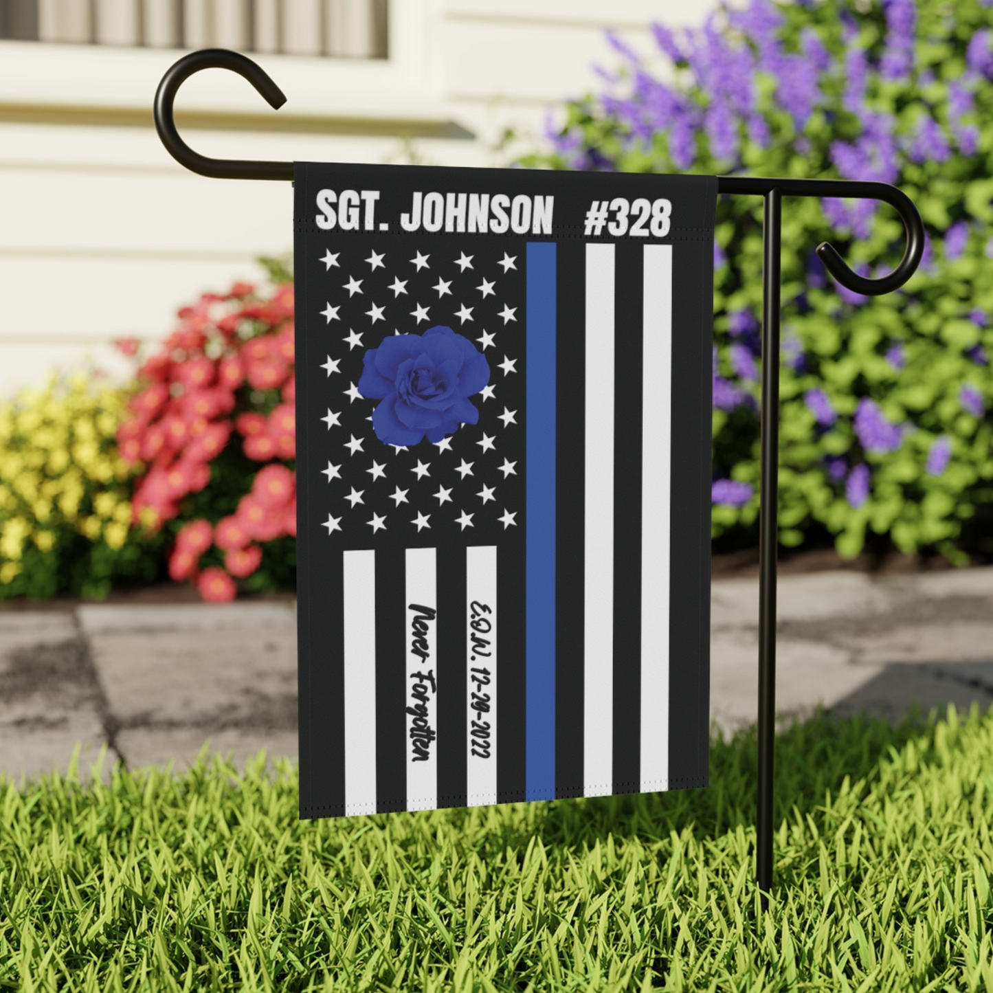 EOW Personalized Thin Blue Line Flag, Personalized Garden Flag For Fallen Officer, Never Forgotten Police Officer Flag, Line Of Duty Flag